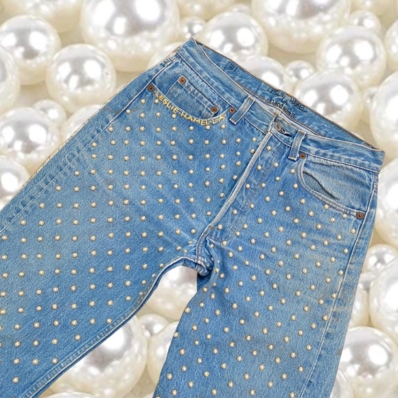 PEARL EMBELLISHED JEANS VINTAGE LEVIS 501 SIZES 28, 29, LESLIE HAMEL JEANS - Picture 4 of 8